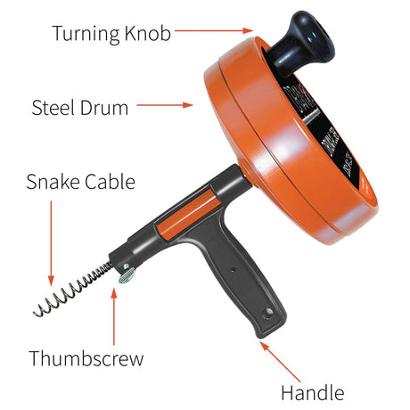 DrainX Heavy-Duty-Steel Pro Drum Drain Auger, 25 Ft., with Work Gloves and Carrying Pouch