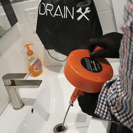 DrainX Heavy-Duty-Steel Pro Drum Drain Auger, 25 Ft., with Work Gloves and Carrying Pouch