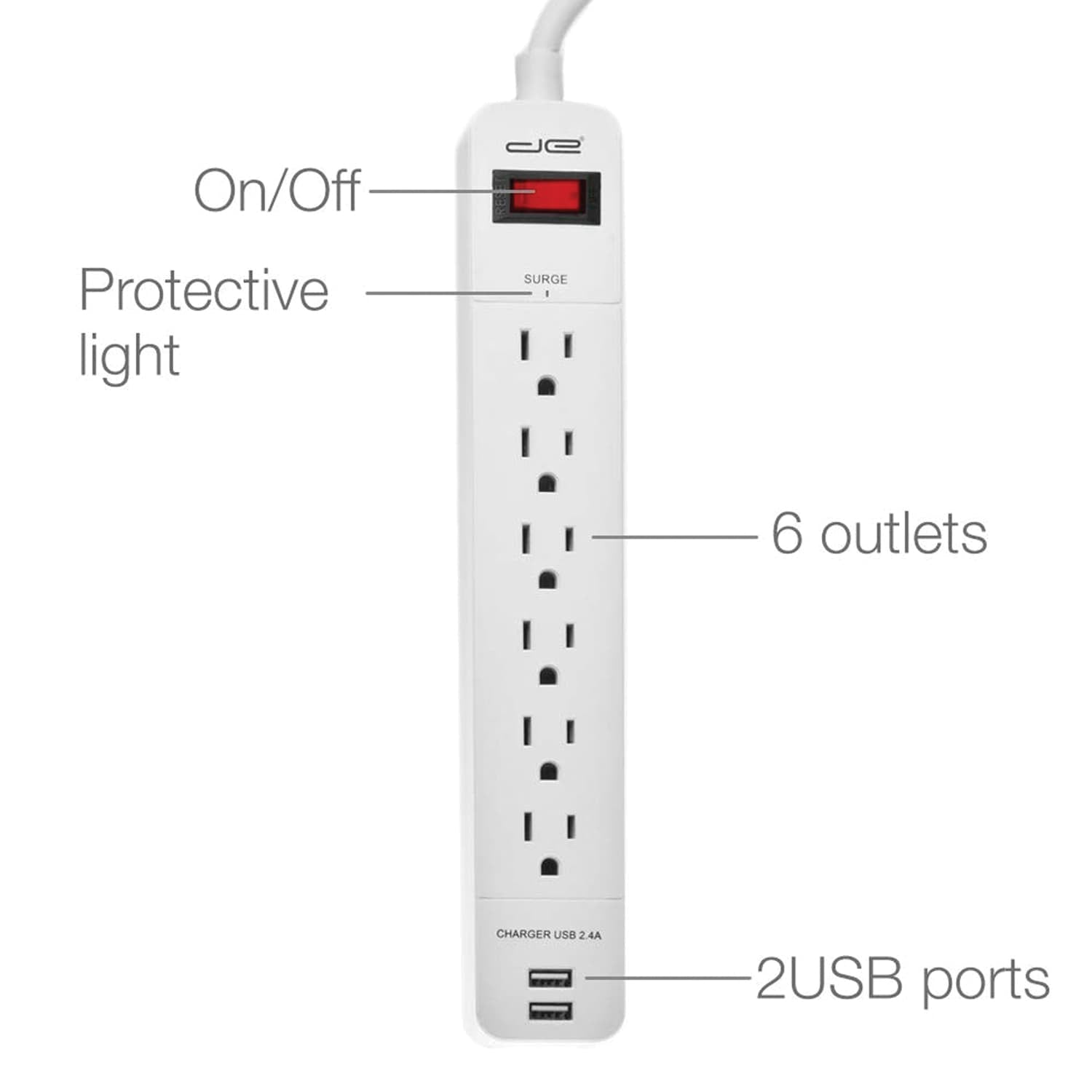 Digital Energy 6-AC Outlet and 2-USB Port 1050-Joules Surge Protector Power Strip with Straight Plug, 15 Ft., White