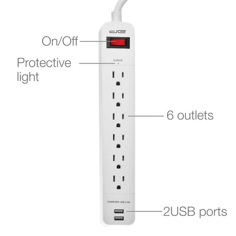Digital Energy 6-AC Outlet and 2-USB Port 1050-Joules Surge Protector Power Strip with Straight Plug, 15 Ft., White