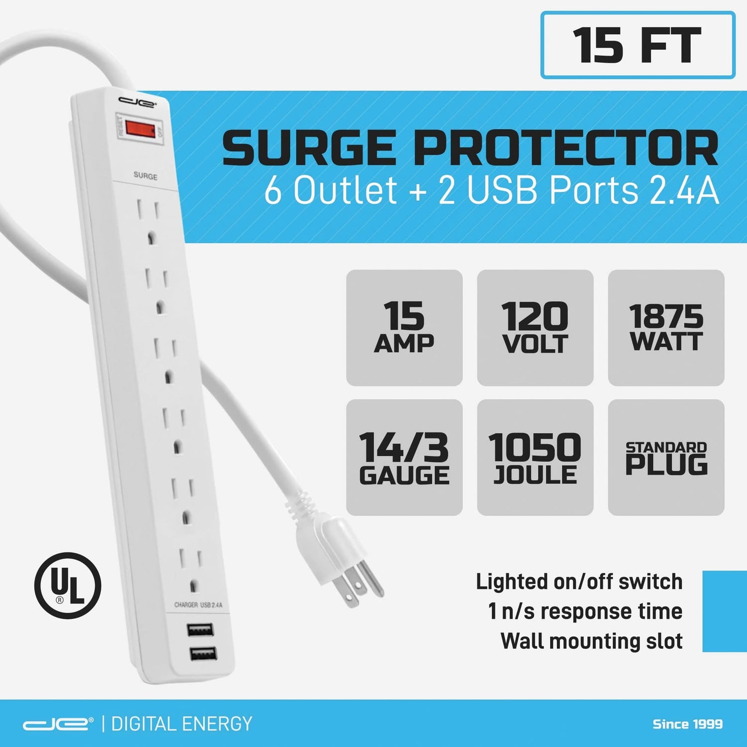 Digital Energy 6-AC Outlet and 2-USB Port 1050-Joules Surge Protector Power Strip with Straight Plug, 15 Ft., White