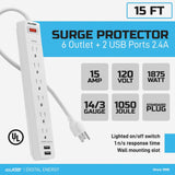 Digital Energy 6-AC Outlet and 2-USB Port 1050-Joules Surge Protector Power Strip with Straight Plug, 15 Ft., White
