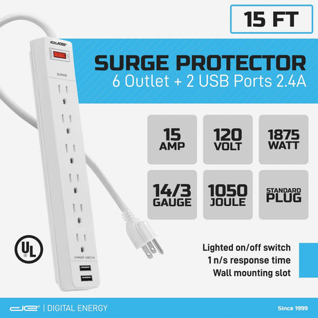 Digital Energy 6-AC Outlet and 2-USB Port 1050-Joules Surge Protector Power Strip with Straight Plug, 15 Ft., White