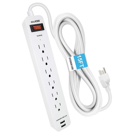 Digital Energy 6-AC Outlet and 2-USB Port 1050-Joules Surge Protector Power Strip with Straight Plug, 15 Ft., White