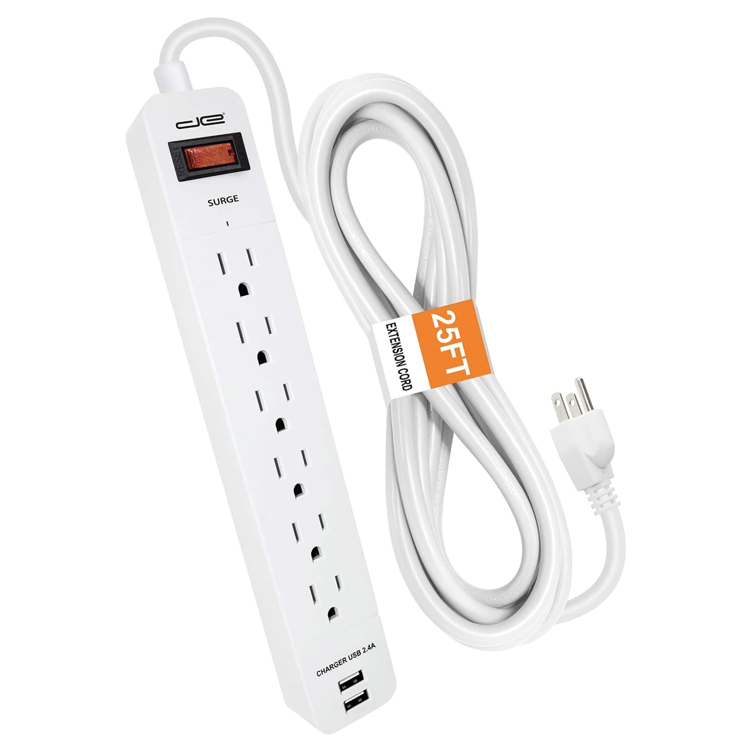 Digital Energy 6-AC Outlet and 2-USB Port 1050-Joules Surge Protector Power Strip with Straight Plug, 25 Ft., White