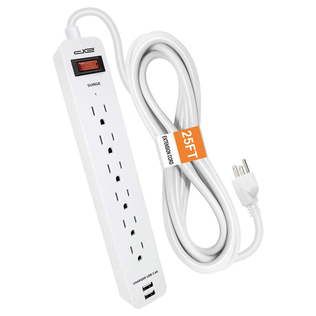 Digital Energy 6-AC Outlet and 2-USB Port 1050-Joules Surge Protector Power Strip with Straight Plug, 25 Ft., White