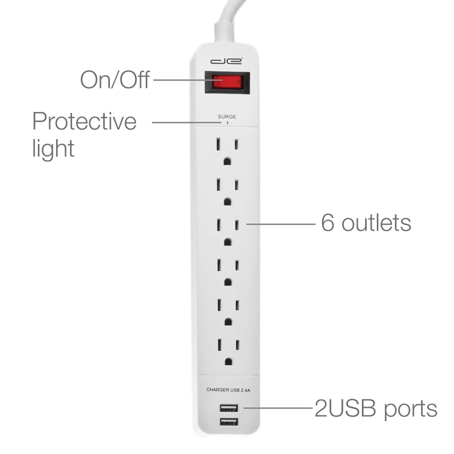 Digital Energy 6-AC Outlet and 2-USB Port 1050-Joules Surge Protector Power Strip with Straight Plug, 25 Ft., White