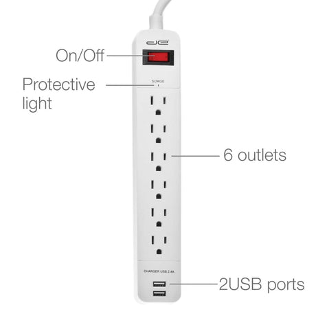 Digital Energy 6-AC Outlet and 2-USB Port 1050-Joules Surge Protector Power Strip with Straight Plug, 25 Ft., White