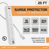 Digital Energy 6-AC Outlet and 2-USB Port 1050-Joules Surge Protector Power Strip with Straight Plug, 25 Ft., White