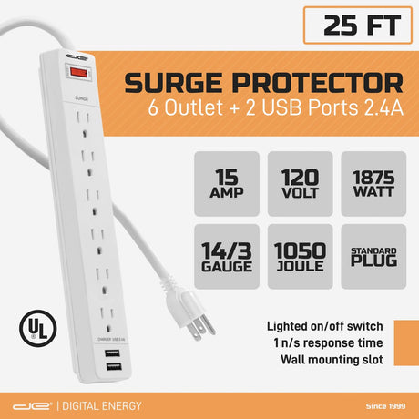 Digital Energy 6-AC Outlet and 2-USB Port 1050-Joules Surge Protector Power Strip with Straight Plug, 25 Ft., White