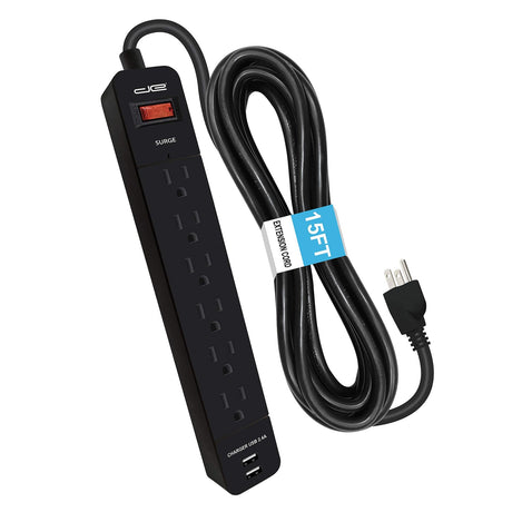 Digital Energy 6-AC Outlet and 2-USB Port 1050-Joules Surge Protector Power Strip with Straight Plug, 15 Ft., Black