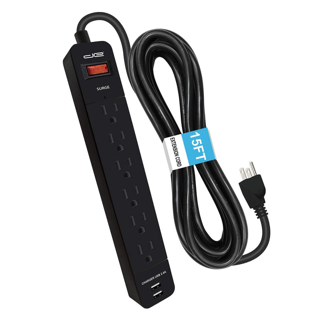 Digital Energy 6-AC Outlet and 2-USB Port 1050-Joules Surge Protector Power Strip with Straight Plug, 15 Ft., Black
