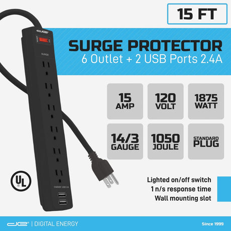 Digital Energy 6-AC Outlet and 2-USB Port 1050-Joules Surge Protector Power Strip with Straight Plug, 15 Ft., Black