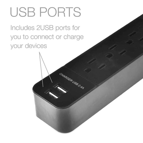 Digital Energy 6-AC Outlet and 2-USB Port 1050-Joules Surge Protector Power Strip with Straight Plug, 15 Ft., Black