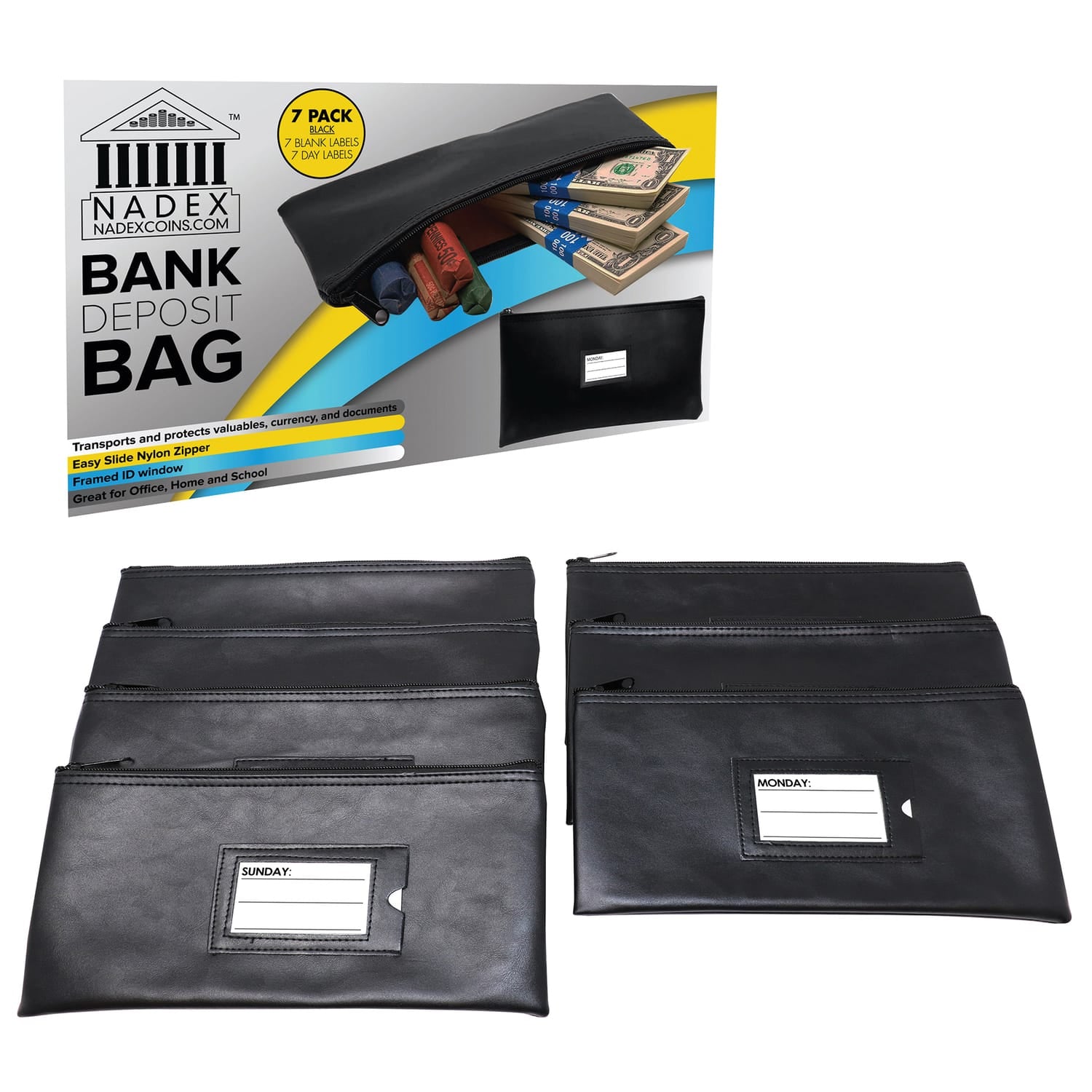 Nadex Coins Vinyl 7-Day Pack of Zippered Bank Deposit Cash and Coin Bags with Card Window, Black
