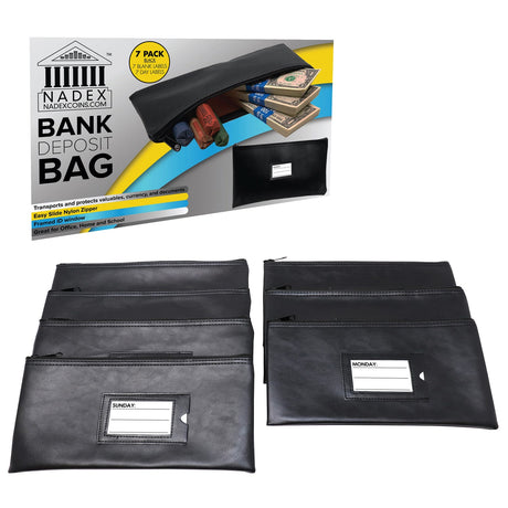 Nadex Coins Vinyl 7-Day Pack of Zippered Bank Deposit Cash and Coin Bags with Card Window, Black