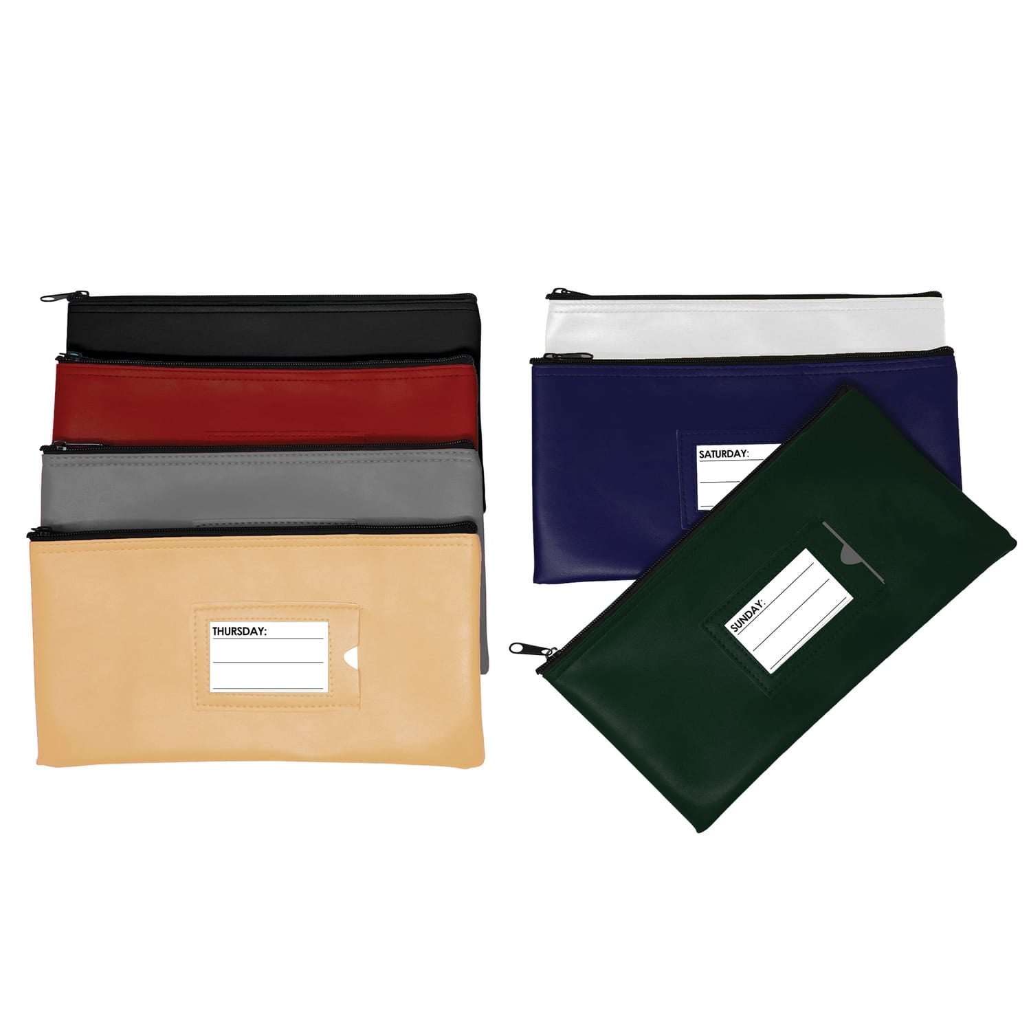 Nadex Coins Vinyl 7-Day Pack of Zippered Bank Deposit Cash and Coin Bags with Card Window, Multi-Color