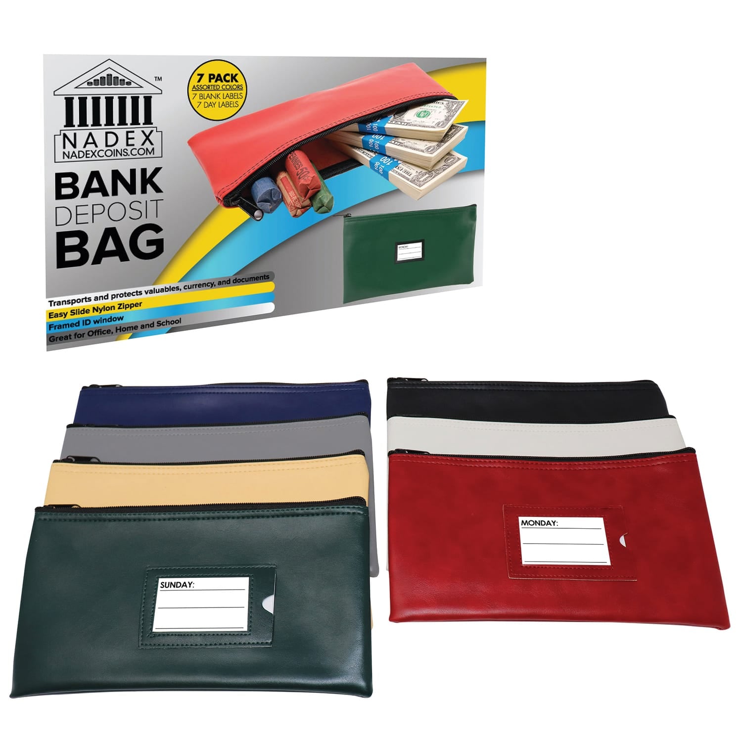 Nadex Coins Vinyl 7-Day Pack of Zippered Bank Deposit Cash and Coin Bags with Card Window, Multi-Color