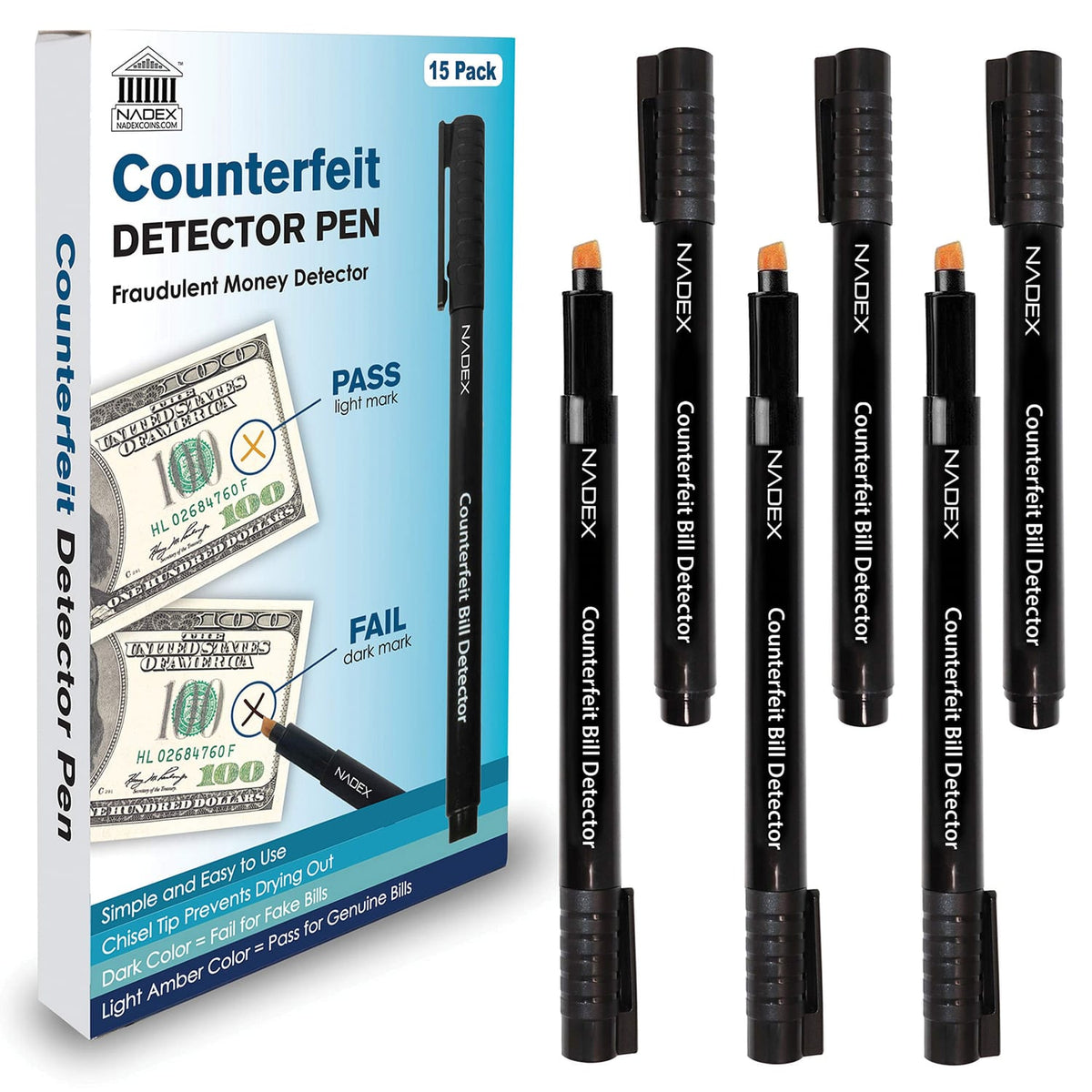 Nadex Coins Easy-Swipe Counterfeit Pens, 15 Pack, 15 Pack