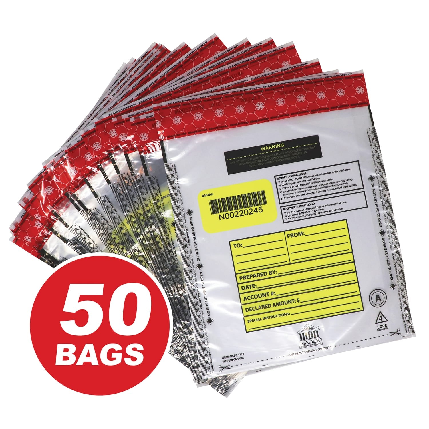 Nadex Coins Tamper-Evident 9-In. x 12-In. Clear FRAUDSTOPPER Bank Deposit Bags, 50 Pack