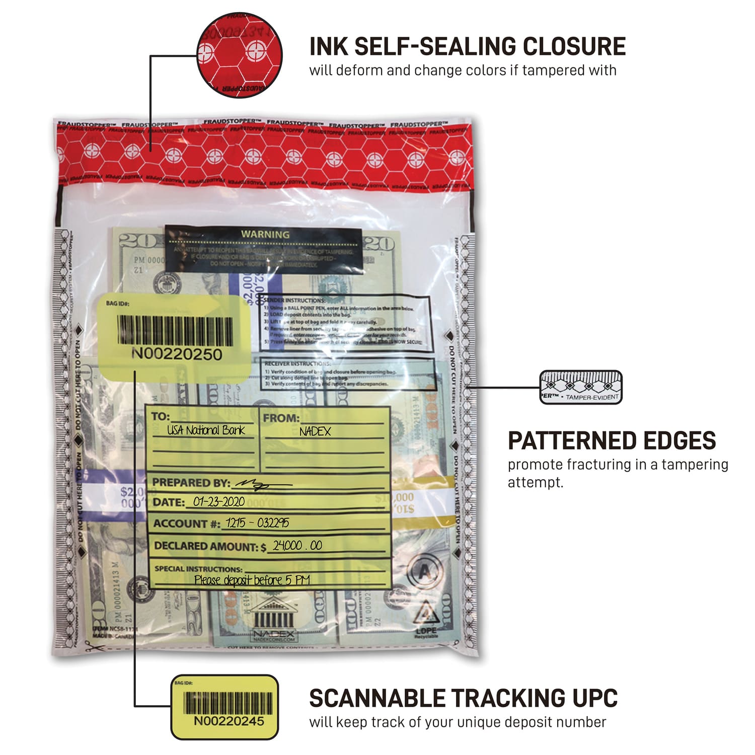 Nadex Coins Tamper-Evident 9-In. x 12-In. Clear FRAUDSTOPPER Bank Deposit Bags, 50 Pack