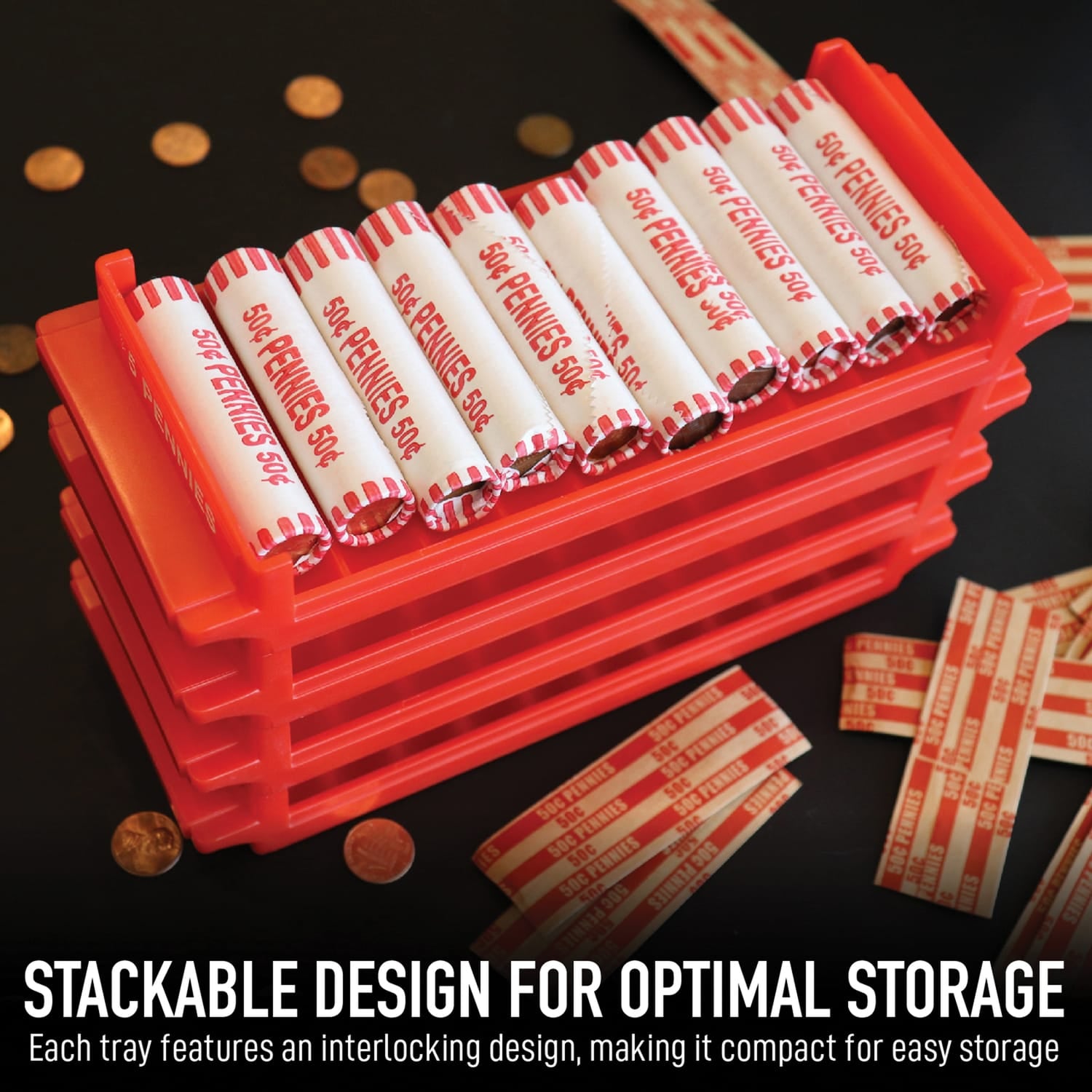 Nadex Coins Rolled-Coin-Storage Organizer Tray Sets with Ridges for Loose Coins, 4 Pack