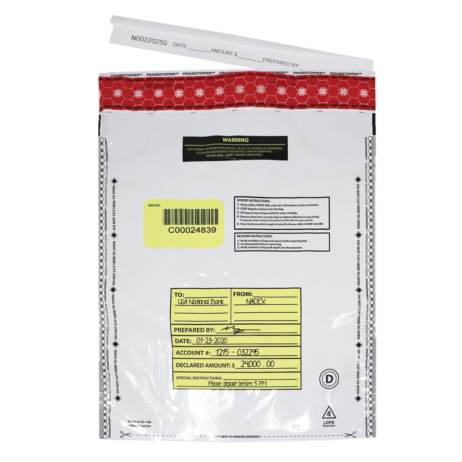 Nadex Coins Tamper-Evident 12-In. x 16-In. Opaque FRAUDSTOPPER Bank Deposit Bags, 100 Pack
