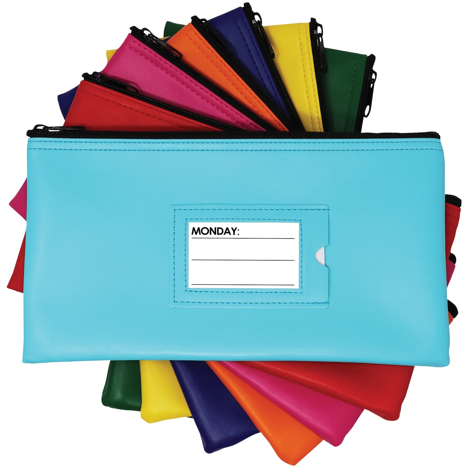Nadex Coins Vinyl 7-Day Pack of Zippered Bank Deposit Cash and Coin Bags with Card Window, Neon Colors