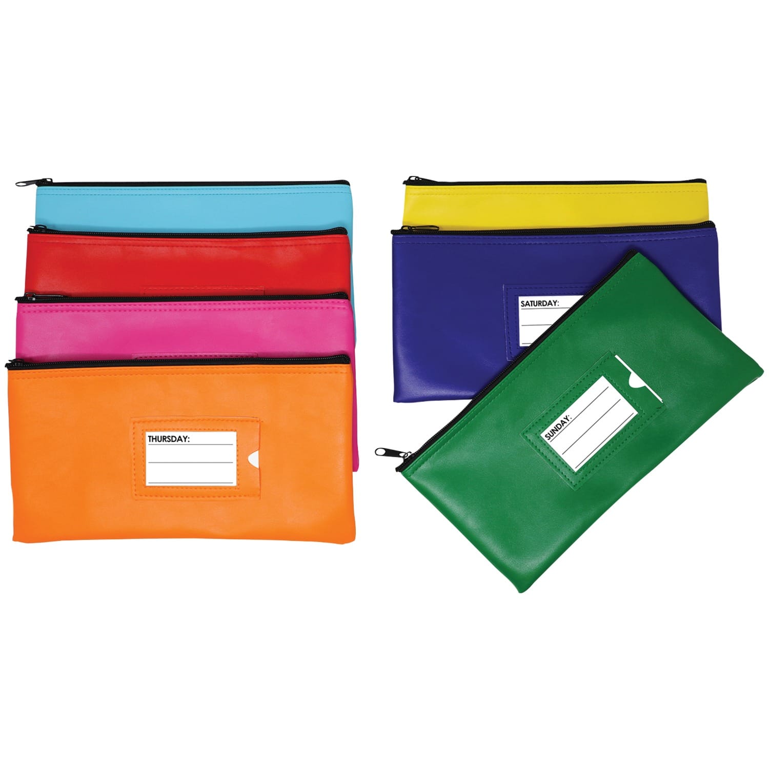 Nadex Coins Vinyl 7-Day Pack of Zippered Bank Deposit Cash and Coin Bags with Card Window, Neon Colors