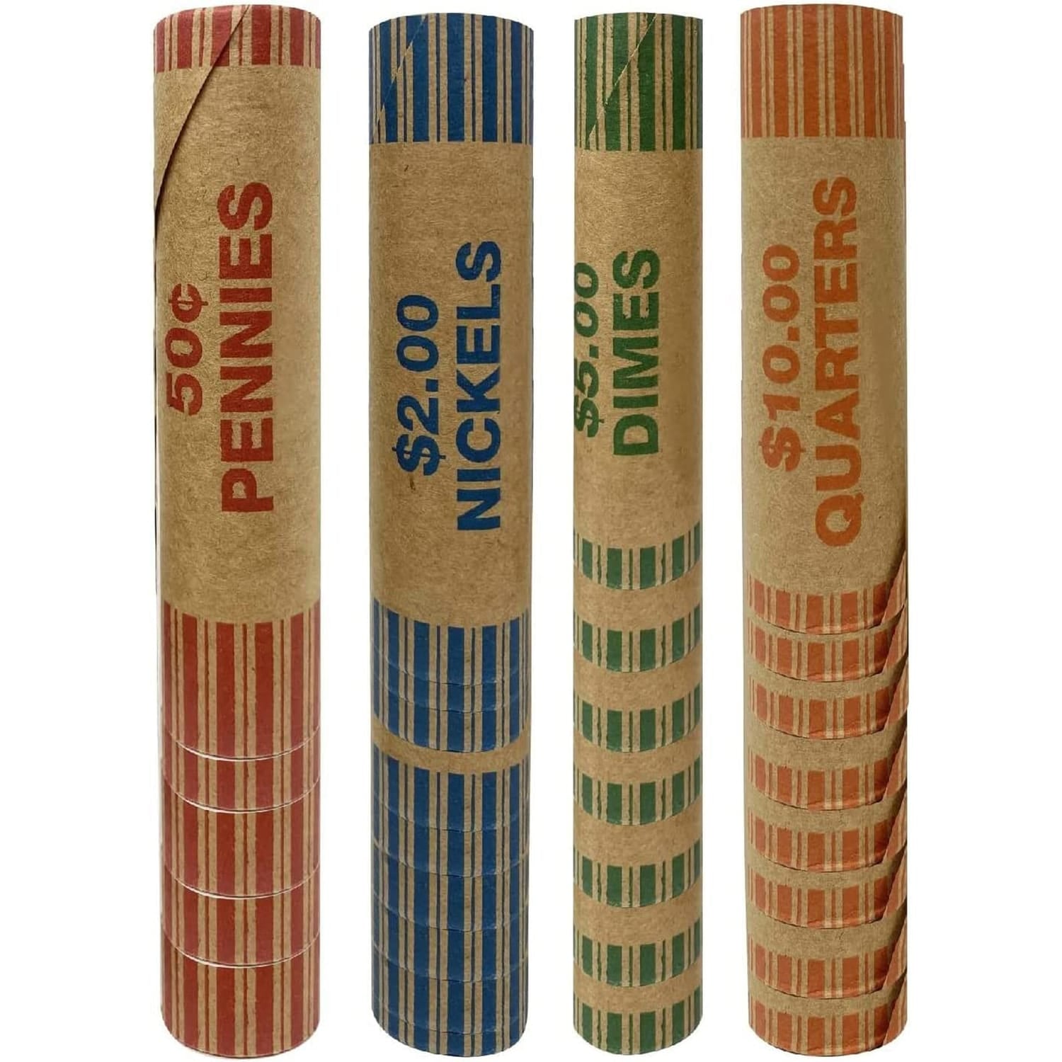 Nadex Coins 256 Assorted Preformed Crimped End Coin Roll Wrappers, 64 Each of Nickels, Dimes, Pennies, and Quarters