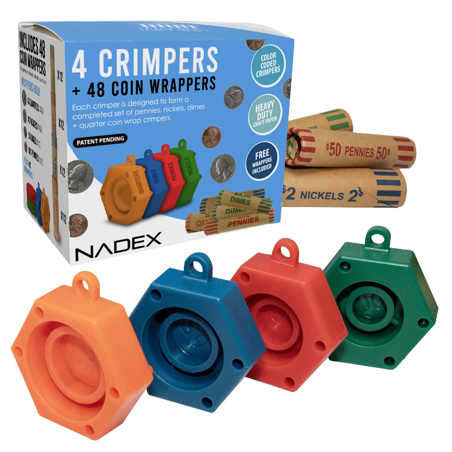 Nadex Coins Assorted Preformed Crimped-End Coin-Roll Wrappers with Color-Coded Coin-Wrapper Crimping Tool, 48 Pack