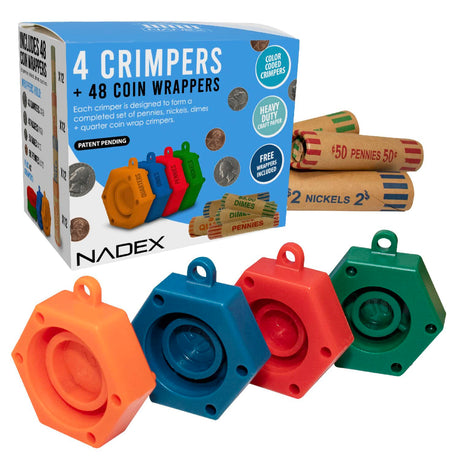 Nadex Coins Assorted Preformed Crimped-End Coin-Roll Wrappers with Color-Coded Coin-Wrapper Crimping Tool, 48 Pack