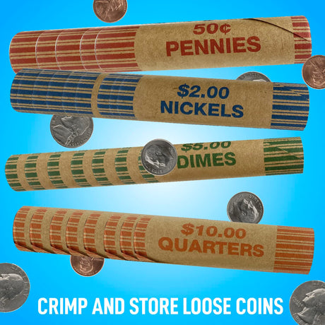 Nadex Coins Assorted Preformed Crimped-End Coin-Roll Wrappers with Color-Coded Coin-Wrapper Crimping Tool, 48 Pack