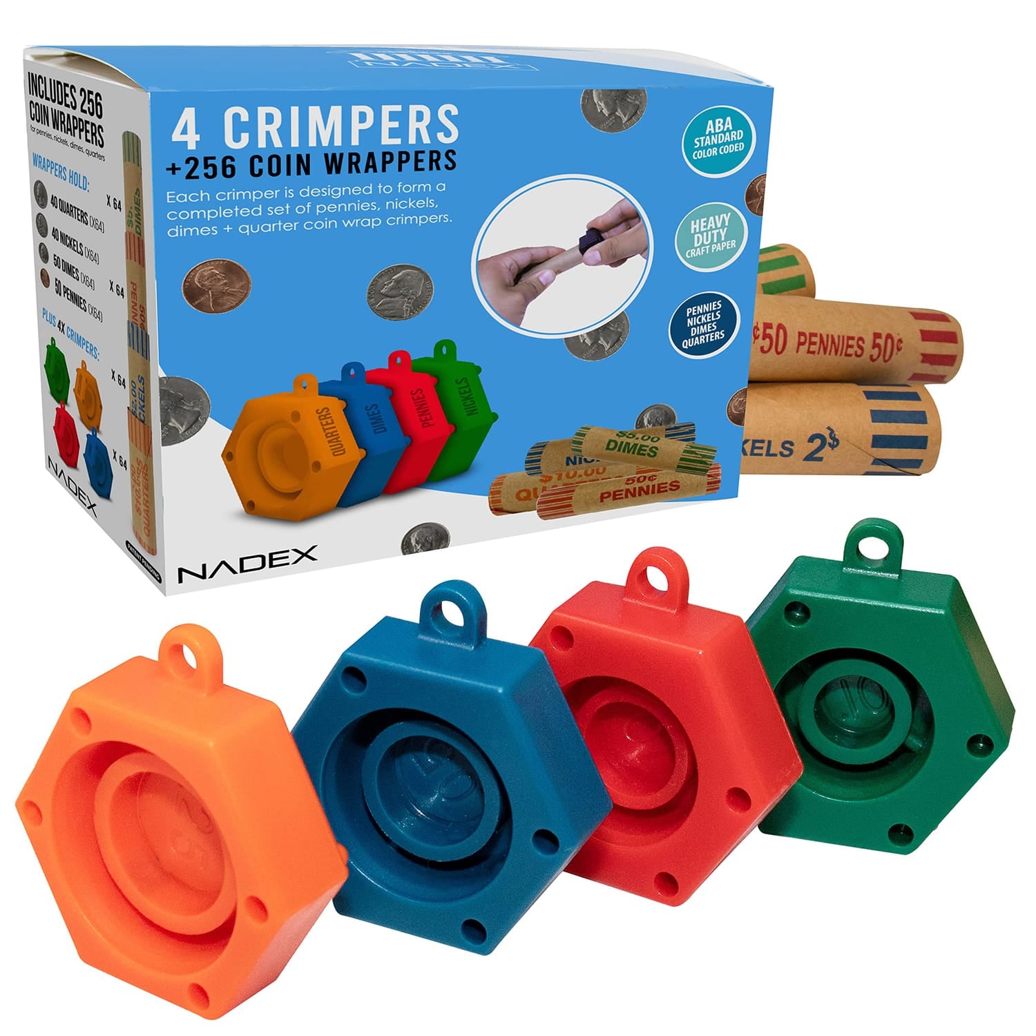 Nadex Coins Assorted Preformed Crimped-End Coin-Roll Wrappers with Color-Coded Coin-Wrapper Crimping Tool, 256 Pack