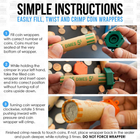 Nadex Coins Assorted Preformed Crimped-End Coin-Roll Wrappers with Color-Coded Coin-Wrapper Crimping Tool, 256 Pack