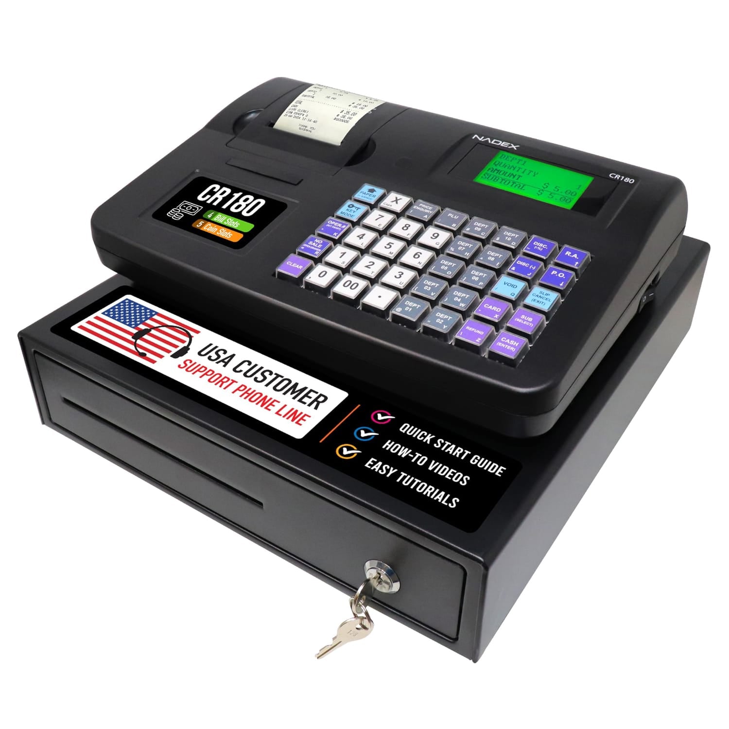 Nadex Coins CR180 Steel Cash Register with Coin Drawer, 6800 PLUs and 60 Departments, Black