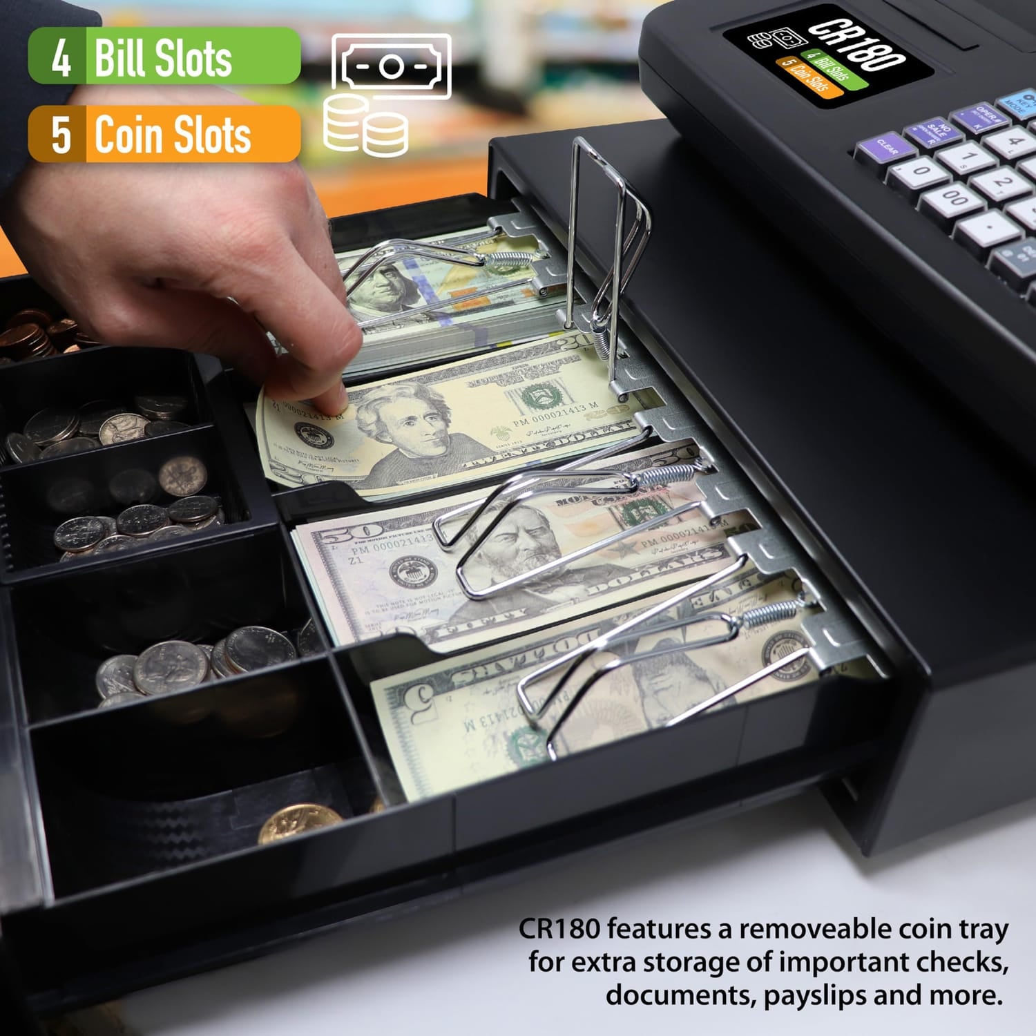 Nadex Coins CR180 Steel Cash Register with Coin Drawer, 6800 PLUs and 60 Departments, Black