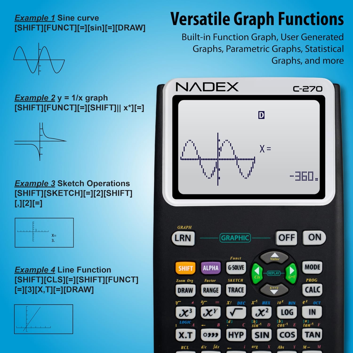 Nadex Coins C-270 Scientific Calculator with Black and White Graph Functions, Battery Powered, Black