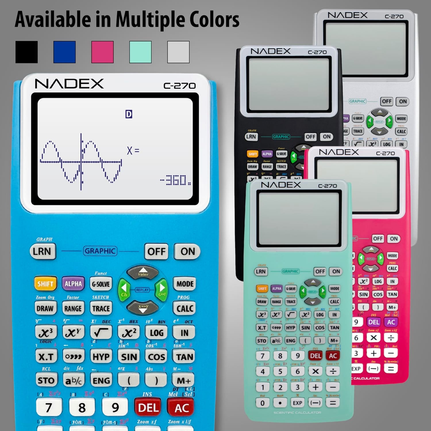 Nadex Coins C-270 Scientific Calculator with Black and White Graph Functions, Battery Powered, Blue