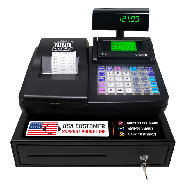Nadex Coins CR260 Electronic Cash Register with Steel Drawer, Thermal Printer, Operator and Customer Displays, and User-Friendly Interface