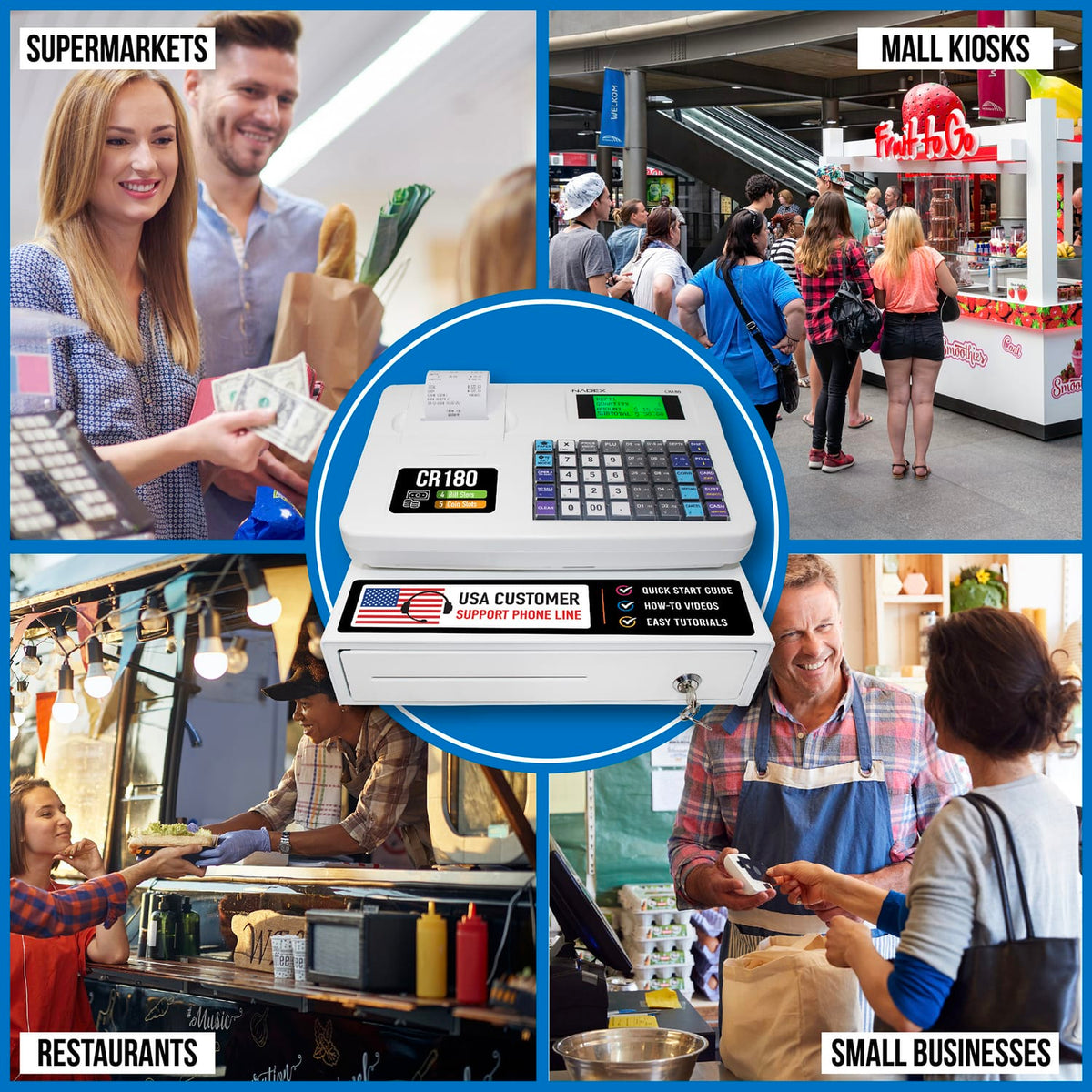 Nadex Coins CR180 Electronic Cash Register with Locking Cash Drawer, Thermal Printer, 2 Displays, 60 Depts., 6800 PLUs, Serial/USB Ports, White