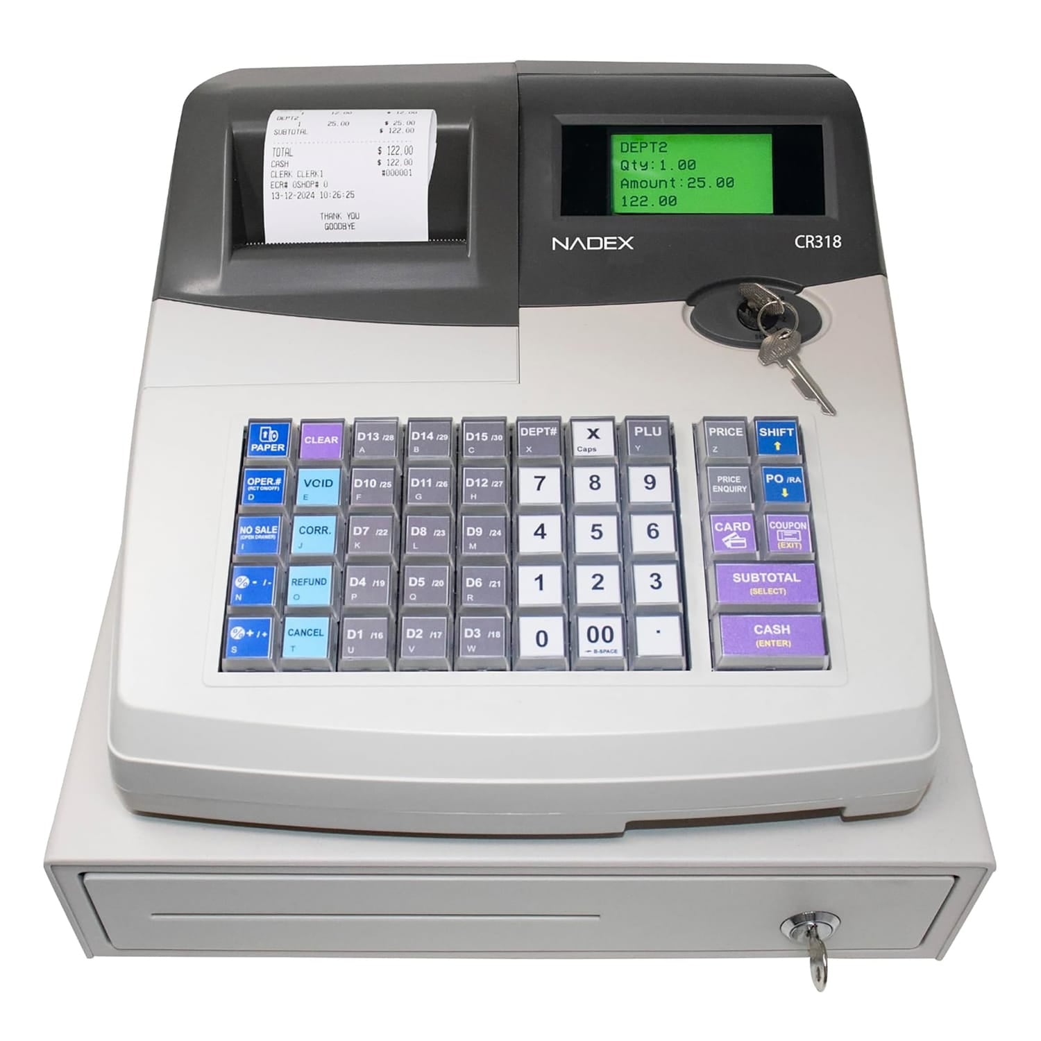 Nadex Coins CR318 POS Electronic Cash Register with Steel Drawer, Thermal Printer, and Multi-Clerk Support