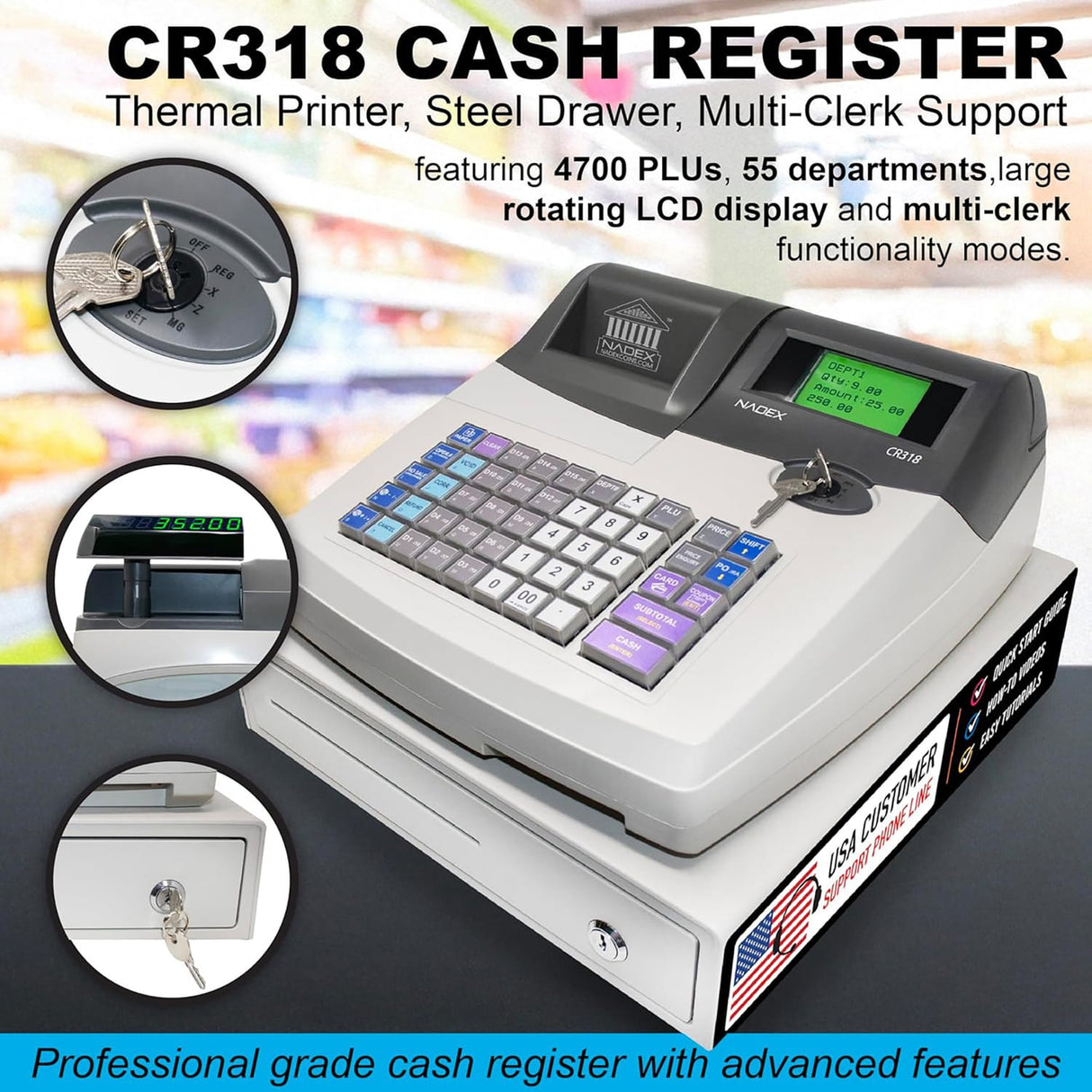 Nadex Coins CR318 POS Electronic Cash Register with Steel Drawer, Thermal Printer, and Multi-Clerk Support