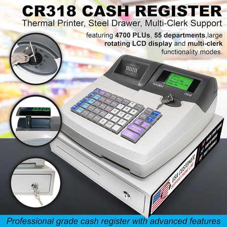 Nadex Coins CR318 POS Electronic Cash Register with Steel Drawer, Thermal Printer, and Multi-Clerk Support