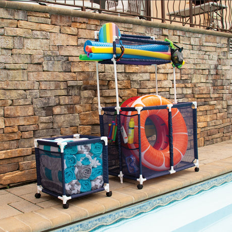 Pool Bins Pool Storage Organizer Mesh Rolling Pool Equipment Bin, Mini, Blue