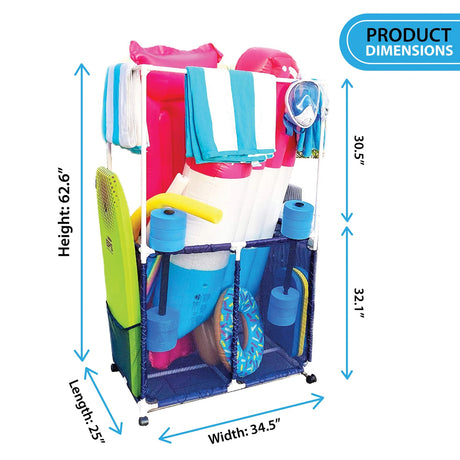 Pool Bins Pool Storage Mesh Rolling Organizer with Towel Hanger Bars, Double Decker, 25 In. x 34.5 In. x 62.6 In., PB-L360