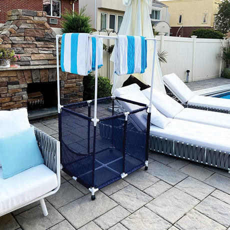 Pool Bins Pool Storage Mesh Rolling Organizer with Towel Hanger Bars, Double Decker, 25 In. x 34.5 In. x 62.6 In., PB-L360