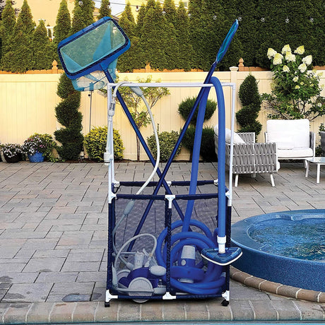 Pool Bins Pool Storage Mesh Rolling Organizer with Towel Hanger Bars, Double Decker, 25 In. x 34.5 In. x 62.6 In., PB-L360