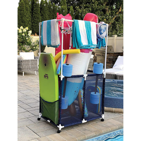 Pool Bins Pool Storage Mesh Rolling Organizer with Towel Hanger Bars, Double Decker, 25 In. x 34.5 In. x 62.6 In., PB-L360
