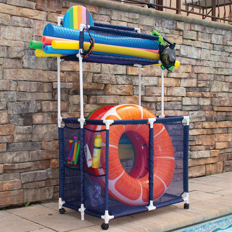 Pool Bins Pool Storage Mesh Rolling Organizer with Noodle Holder, Extra Large, 23 In. x 35.3 In. x 59.4 In., PB-Z700